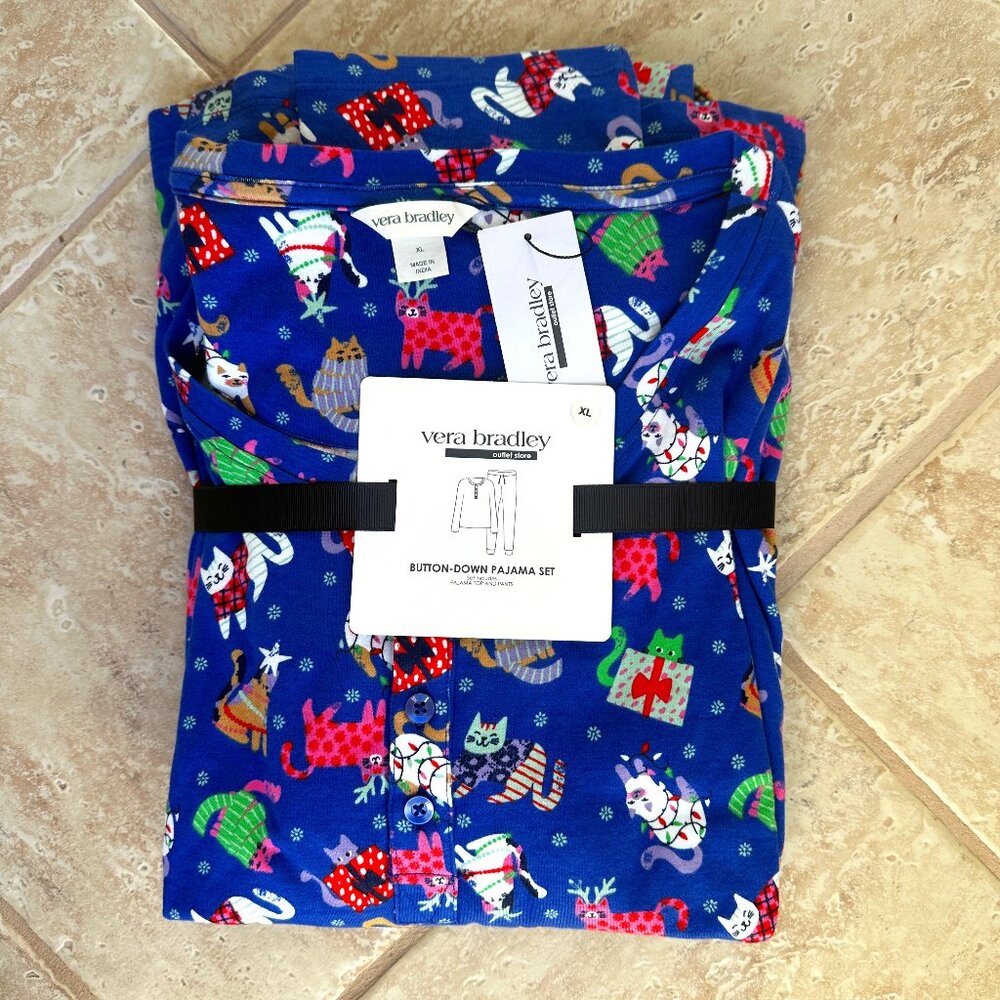 VERA BRADLEY CATNIP CHRISTMAS HENLEY PAJAMAS:NWT EXTRA LARGE